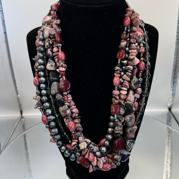 Rhodonite, Crystal & Peacock Pearls Multi-Strand Beaded Necklace - Picture 6 of 6